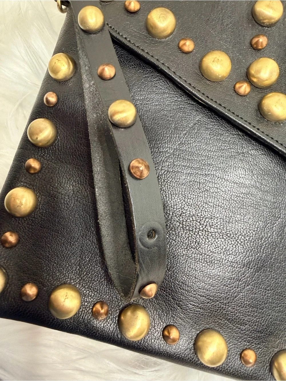 Black Studded Leather Wristlet Clutch with Decorative Centerpiece
